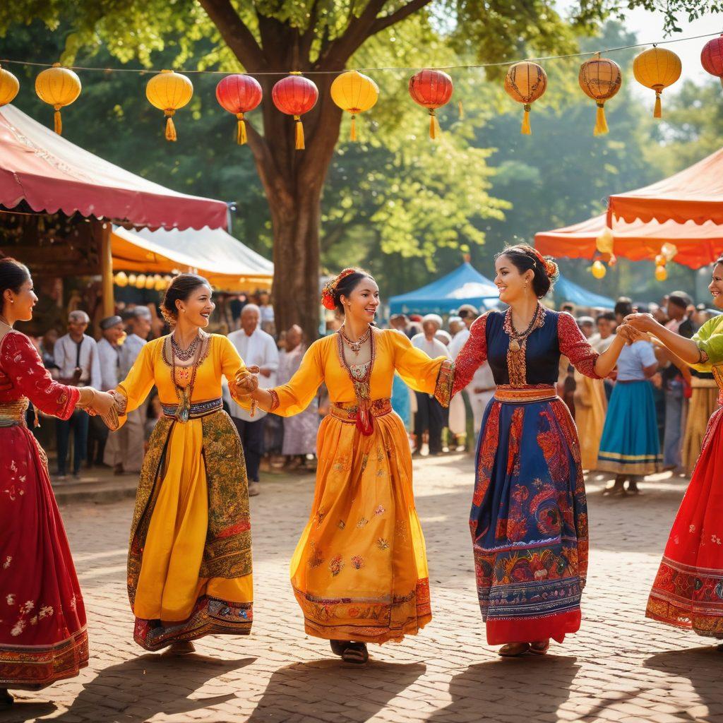 A vibrant community gathering celebrating culture and joy, featuring diverse people engaged in traditional dance, wearing colorful attire, surrounded by ethnic decorations and food stalls, set in a sunny park with laughter and music in the air. super-realistic. vibrant colors. warm lighting.