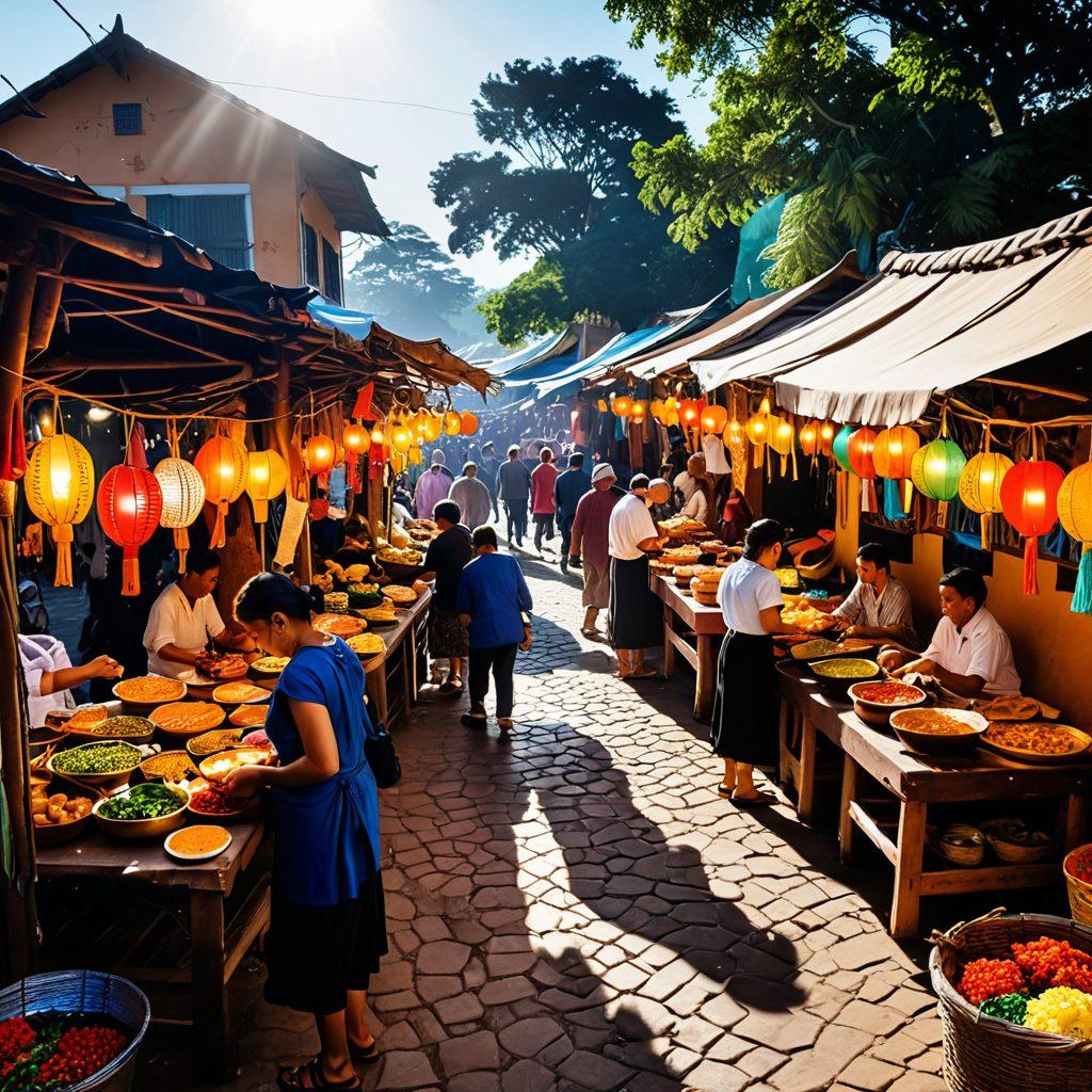 A vibrant marketplace in Lawalocos filled with colorful stalls showcasing traditional dishes and crafts, joyful people enjoying local delicacies, and lively cultural performances happening in the background. Sunlight casts a warm glow, enhancing the festive atmosphere. The mix of textures and colors symbolizes the rich culture of the region. super-realistic. vibrant colors.