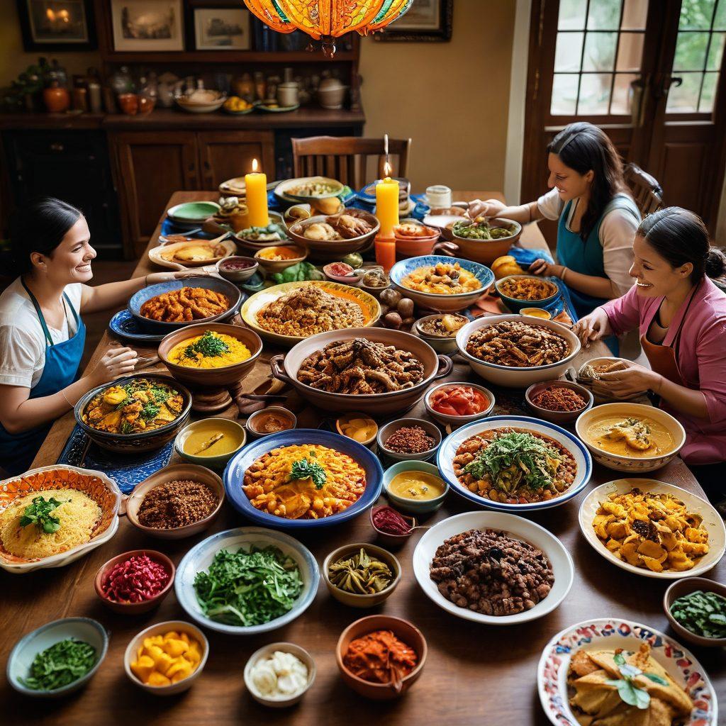 A vibrant table scene featuring an assortment of colorful Lawaloco dishes, with rich spices and fresh ingredients beautifully presented on traditional pottery. The background showcases a warm, inviting kitchen filled with heritage decorations, emphasizing the culture of Lawaloco cuisine. Include images of joyful people enjoying the food, illustrating a sense of community and celebration. warm colors, super-realistic, vibrant textures.